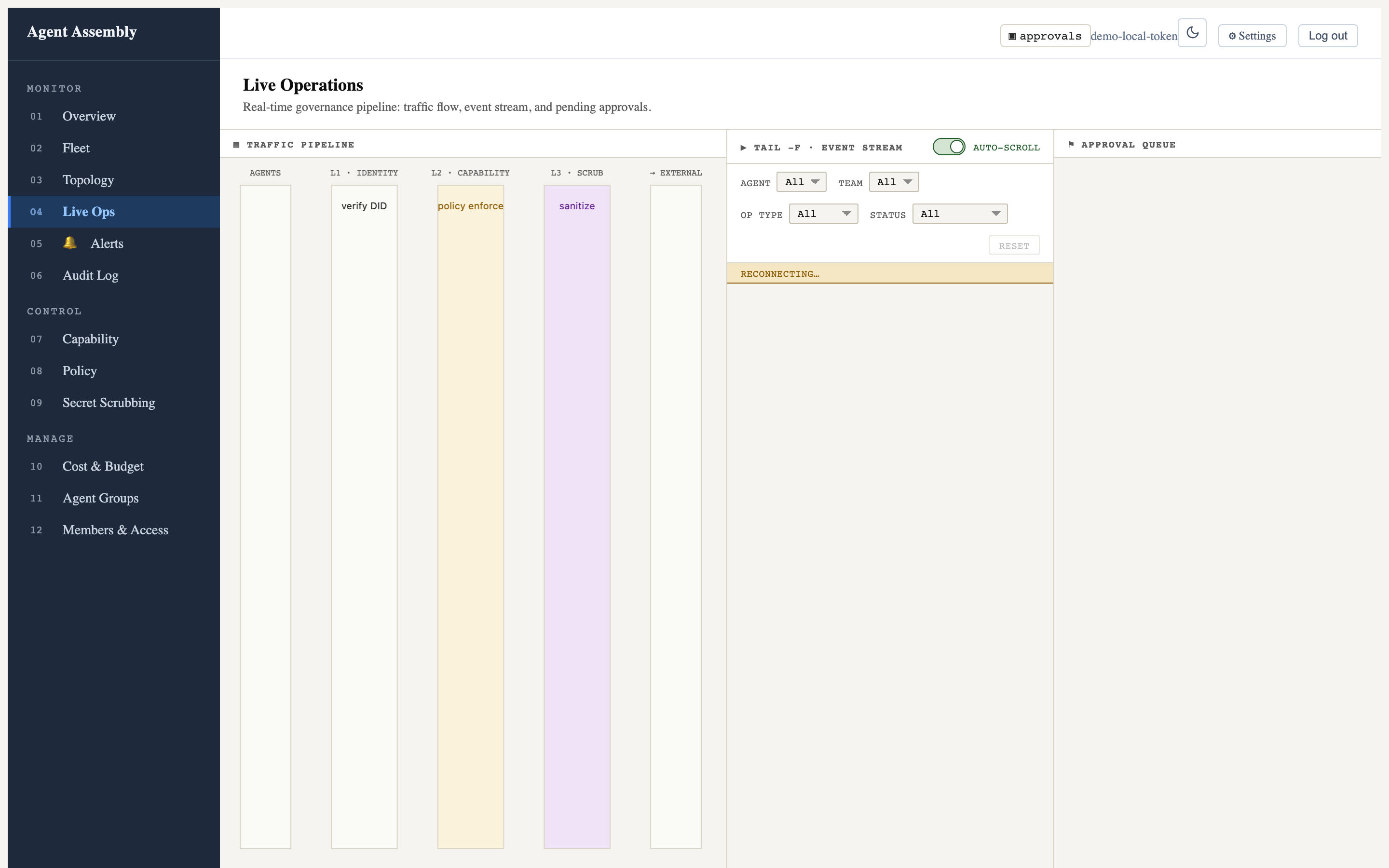 Web dashboard — Live Operations route served by aasm dashboard start