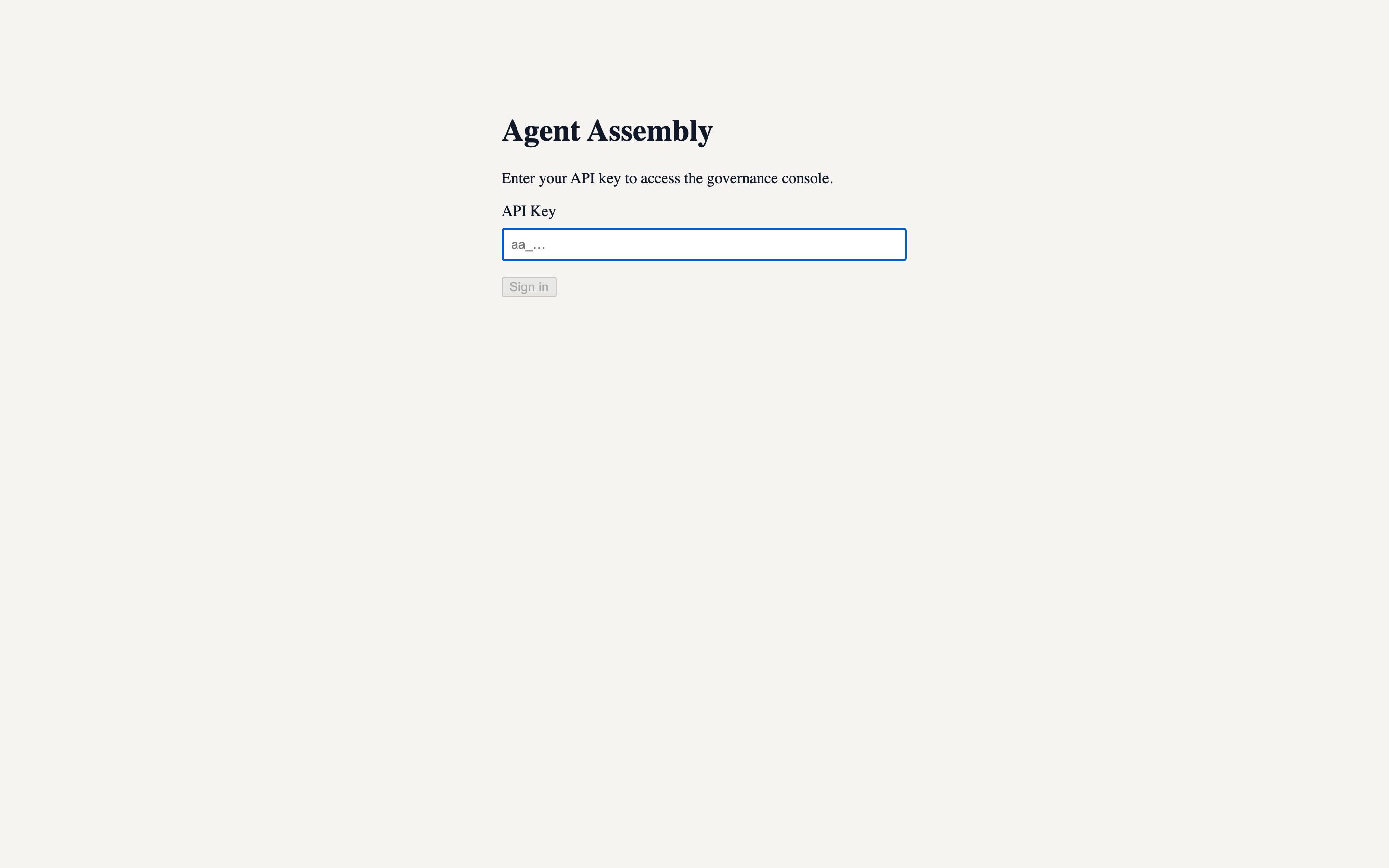 Dashboard login — API key entry