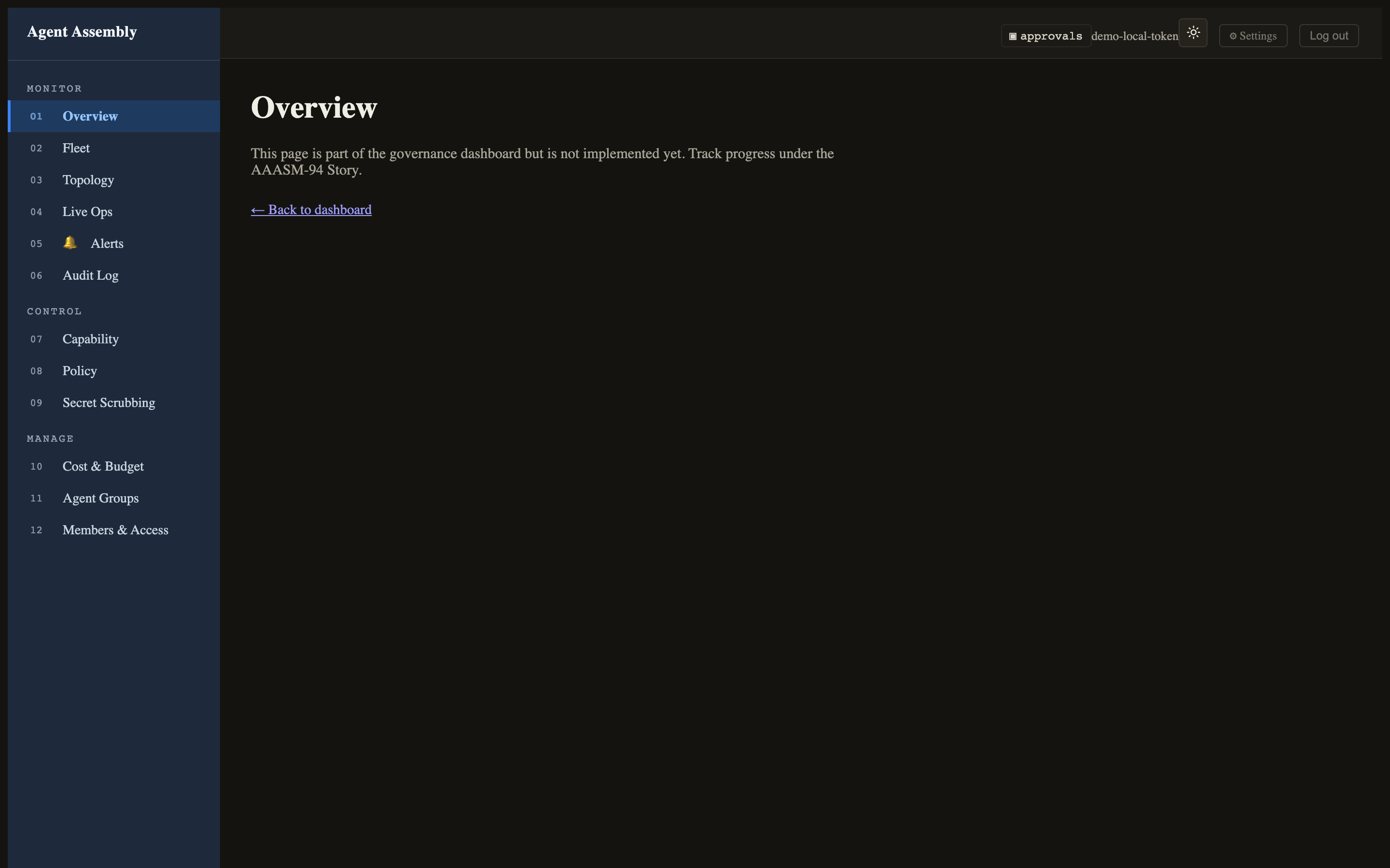Dashboard in dark mode — Overview route with the dark theme applied