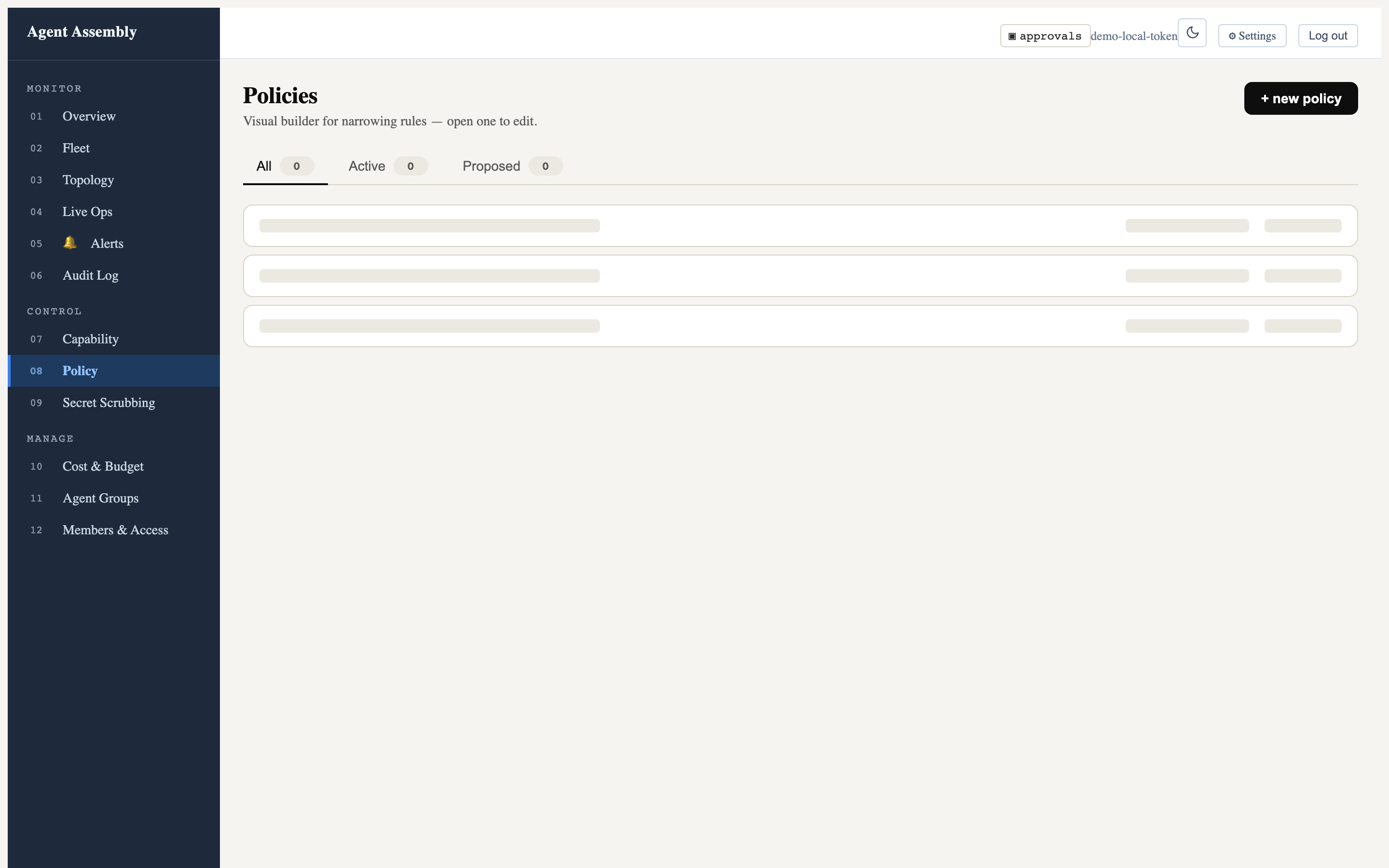 Dashboard Policies page — visual builder with All / Active / Proposed tabs