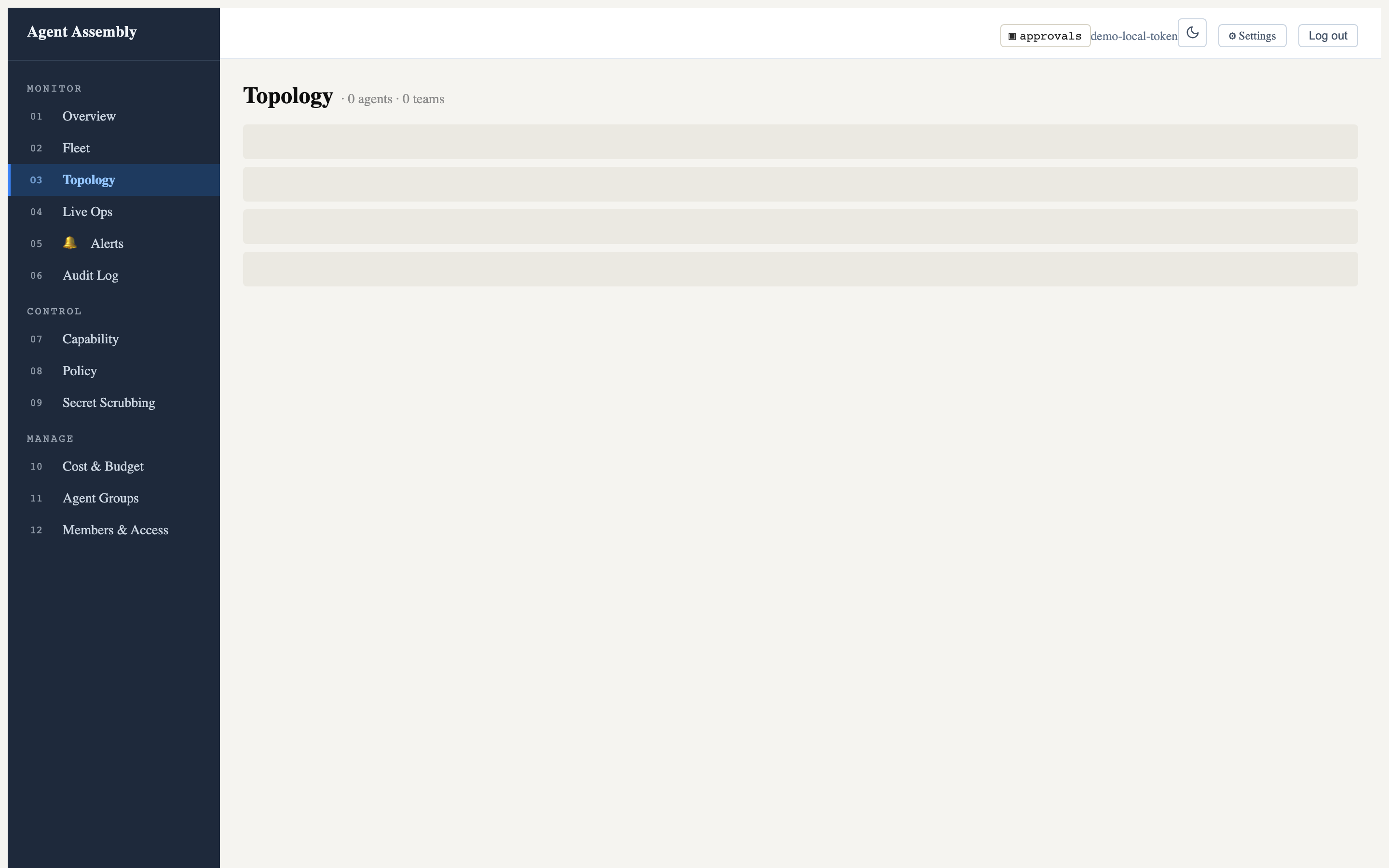 Dashboard Topology — agent/team map, empty in local mode
